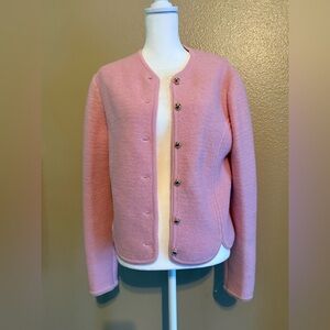 Vintage women’s wool cardigan preppy sweater soft light pink shade, size Medium.